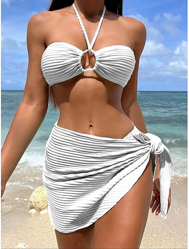  Damen Badeanzug Bikinis Drei Stück Rock Bademode Rückenfrei Schlank Urlaub Strandbekleidung Feste Farbe Halfterhals Ärmellos Badeanzüge
