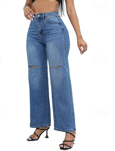  Damen Normal Jeans Strassenmode Stilvoll In voller Länge Hoher Taillenbund Feste Farbe Tasche Bequem Atmungsaktivität Weich Mikro-elastisch Strasse Täglich Hellblau Dunkelblau Frühling & Herbst