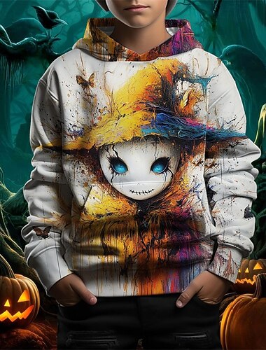  Chico 3D Graphic Calabaza Fantasma Sudadera Manga Larga Primavera Otoño Moda Ropa de calle Niños 4-12 años Con Capucha Exterior Casual Diario Ajuste regular