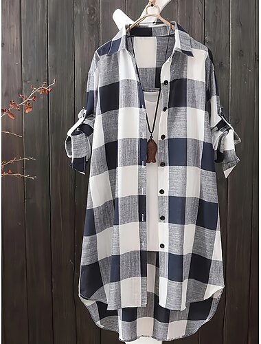  Damen Übergröße Tunika Hütte Plaid Täglich Langarm Hemdkragen Casual Festtage Knopf Schwarz Rosa Blau Ganzjährig