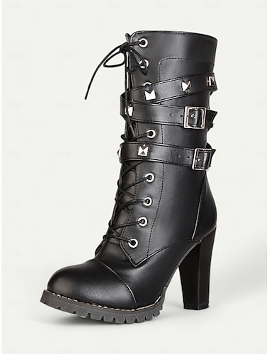  Botas militares de tacón alto con cordones marrones para mujer: tiras con tachuelas y tacón de bloque, estilo resistente de motocicleta