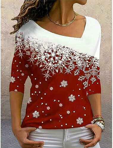  T-shirt damski nadruk płatków śniegu rękaw 3/4 wycięty dekolt gradientowy czerwony biały wakacyjny casual festiwalowy zimowy top wygodny miękki w dotyku regularne dopasowanie