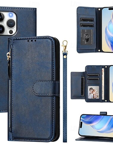  Handyhülle für iPhone 16 Pro Max Plus iPhone 15 Pro Max Plus iPhone 14 13 12 11 Pro Max Plus X XR XS Geldbörse mit Ständerhalter Reißverschluss Vollkörper schützendes Retro TPU PU Leder