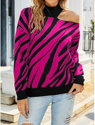  Damen Pullover Brautkleider schlicht Weich Gestreift Gerippt Ständer Tasche Strick Kalte Schulter Langarm Normale Oberteile Stricken Outdoor Täglich Wochenende Schwarz Rote Herbst Winter