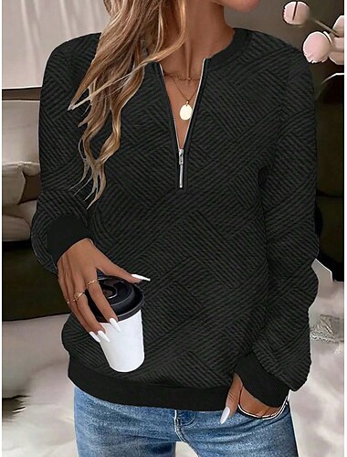  bluza damska casualowa, prosta, uliczna, codzienna, okrągły dekolt, zamek błyskawiczny, długi rękaw, czarny, biały, czerwony, szary, jesień, zima