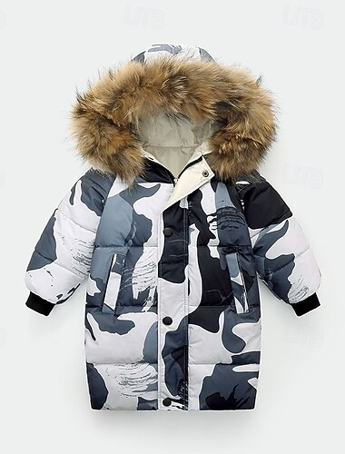  Barn Gutt Dun Hettegenser Yttertøy Helfarge Langermet Lomme Frakk utendørs Daglig Grunnleggende Kamuflasje svart Svart Gul Høst Vinter 4 år +