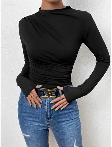  Damen T Shirt Glatt Modisch Modern Brautkleider schlicht Langarm Rollkragen Normale Oberteile Täglich Wochenende Schwarz Weiß Beige Grau Herbst Winter