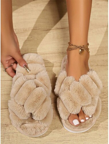  Damen Hausschuhe Slippers Fuzzy Slipper Hausschuhe Warme Hausschuhe Heim Täglich Innenfutter aus Fleece Flacher Absatz Runde Zehe Plüsch Brautkleider schlicht Minimalismus Kunstpelz Halbschuhe