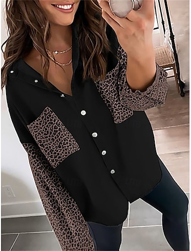  Damen Jeansjacke Outdoor Strasse Freizeitskleidung Herbst Winter Standard Mantel Regular Fit warm Atmungsaktiv Stilvoll Brautkleider schlicht Jacken Langarm Leopard Mit Taschen Bedruckt Schwarz Weiß