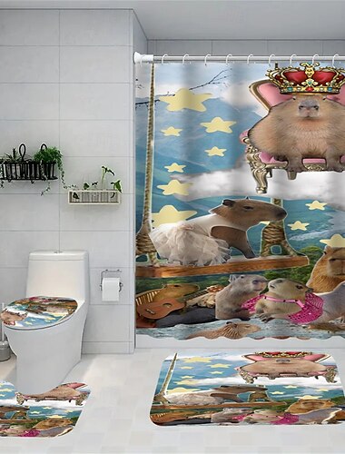 4teiliges Set Capybara Liebhaber Duschvorhang 200 cm hoch duschvorhang waschbar Nagetier Tier Badvorhang perfekte Geschenke für Kinder Polyestergewebe Duschdekor