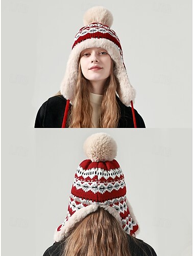 berretto invernale lavorato a maglia con pompon e fodera in pelliccia sintetica - caldo berretto con paraorecchie per donna   berretto invernale lavorato a maglia con pompon e fodera in pelliccia sintetica - caldo berretto con paraorecchie per donna