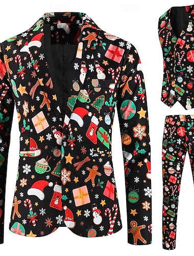  fekete férfi karácsonyi öltönyök nyomtatott 3 részes karácsonyi szabott illeszkedés egymellű egygombos 2024