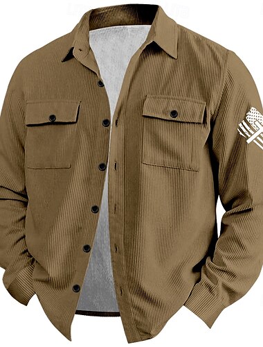 Weihnachten Herren Amerikanische US-Flagge Patriotisch Cord Hemd Hemdjacke Overshirt Langarm Vintage Modisch lässig Outdoor Alltagskleidung Festtage Herbst Winter Umlegekragen Hemden mit Kragen Knopf