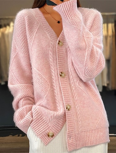  Femme Gilet Cardigan Elégant Mode du quotidien Couleur unie torsadé Col V Tricoté manche longue Hauts longs Tricoter Travail Rose Claire Chameau Automne Hiver