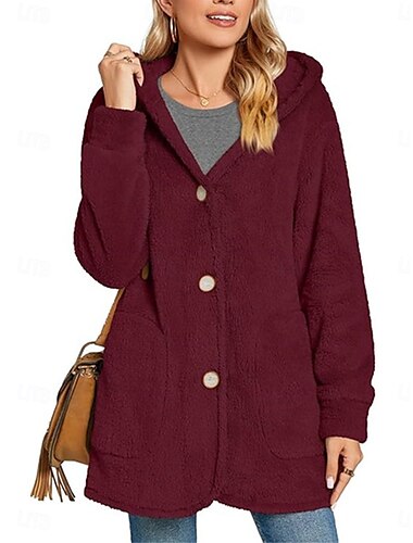  Damen Fleecejacke Teddy-Mantel Hoodie Jacke warm halten Atmungsaktiv Tasche Innenfutter aus Fleece Brautkleider schlicht Glatt Urlaub Strasse Freizeitskleidung Ausgehen Einreihiger Verschluss Standard