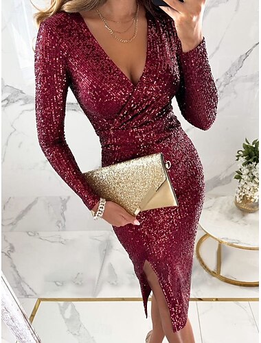  Women's Sequin Dress Midi Dress Sequins Split Casual V Neck Long Sleeve Silver Black Wine Color
