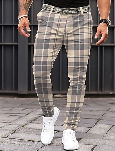  Herren Plaid Anzughosen Mittlere Taillenlinie Business-Casual Formal Alltagskleidung Zip Tasche Sommer Frühling Herbst 3D-Druck Blau Kaki Hellgrau