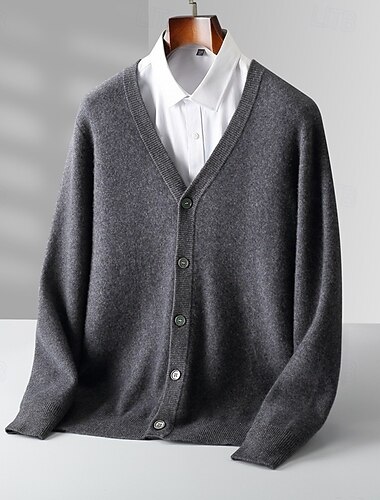  Herren Strickjacke Stricken Knopf hoch Einfarbig V Ausschnitt Strickware Elegant Schule Training Bekleidung Bischofsärmel Herbst Winter Schwarz Kaki S M L