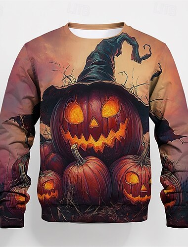  ハロウィーン 男の子 3D グラフィック カートゥン カボチャ Tシャツ Ｔシャツ 長袖 春 秋 ファッション ベーシック ポリエステル 子供 4〜12年 クルーネック アウトドア カジュアル 日常 レギュラー