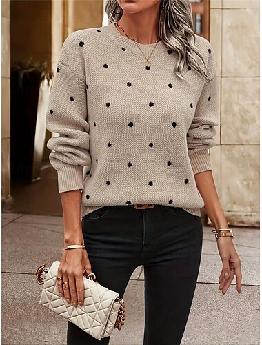  Mujer Pulóveres Suéter de punto Casual Suave A Lunares Estriado Cuello Barco De Punto Manga Larga Tops regulares Tejer Exterior Diario Fin de semana Color Camello Otoño Invierno