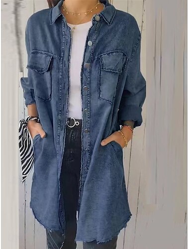  Damen Jeansjacke Outdoor Strasse Freizeitskleidung Herbst Winter Lang Mantel Regular Fit warm Atmungsaktiv Stilvoll Brautkleider schlicht Jacken Langarm Feste Farbe Mit Taschen Hellblau Marinenblau