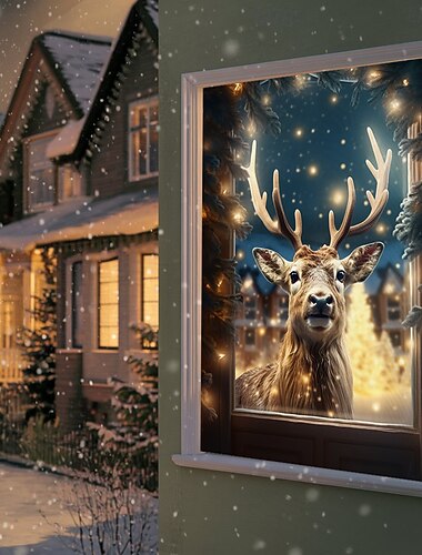  Decoraciones para ventanas navideñas, regalo de reno de tela, cortina festiva, póster de película, decoración para ventanas y puertas para casas de campo, calcomanías navideñas para ventanas para