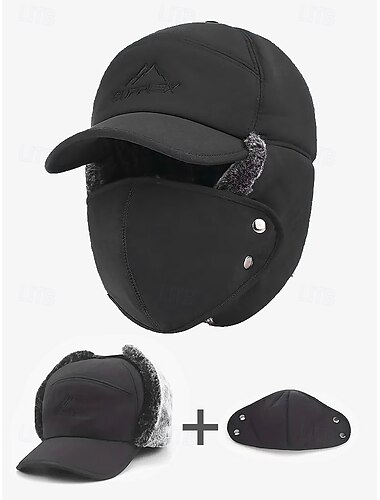  Men's Winter Thermal Insulated Cap with Detachable Face Mask - Windproof and Waterproof Earflap Hat for Outdoor Activities
