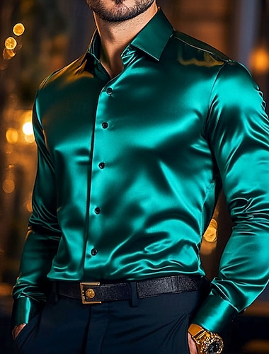  Herren Hemd Satinhemd Lässiges Hemd Knopfhemd Glatt Hochzeit Urlaub Schwarz Weiß Wein Marineblau Langarm Kargen Frühling & Herbst Bekleidung