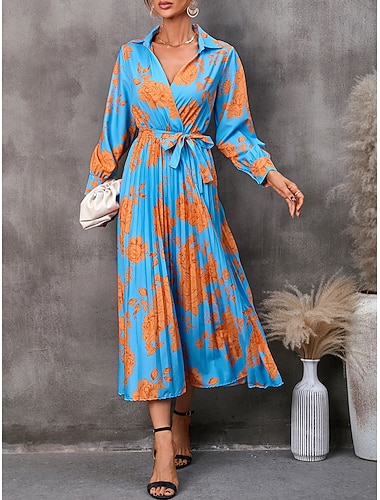  Damen Blumen V-Ausschnitt Midikleid Langarm Frühling Herbst