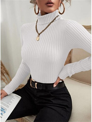  Damen T Shirt Glatt Modisch Modern Brautkleider schlicht Langarm Rollkragen Normale Oberteile Täglich Wochenende Schwarz Weiß Grün Beige Herbst Winter
