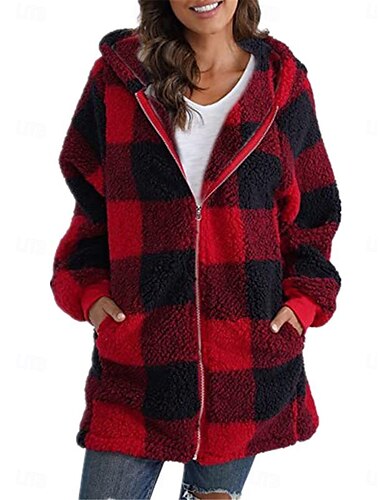  Naisten Alasliivi Sherpa takki Takki ulko- Katu Arki-asut Syksy Talvi Normaali Takki Normaali Pidä lämpimänä Hengittävä Tyylikäs Vapaa-aika Jackets Pitkähihainen Raidat ja Plaid Taskut Täysi vetoketju