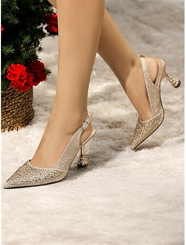  Zapatos de tacón con tira trasera y purpurina para mujer: tacones de punta brillante con un diseño único de tacón curvo para ocasiones especiales
