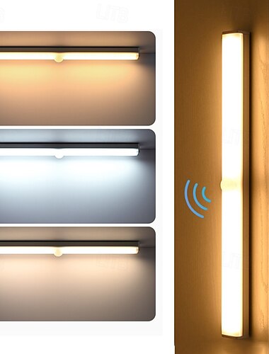  إضاءة ليلية LED تعمل بمستشعر الحركة مع كابل USB قابل لإعادة الشحن بثلاثة ألوان، شريط إضاءة LED ذكي مجاني لخزانة غرفة النوم وخزانة النبيذ وخزانة الملابس والممر وإضاءة ليلية