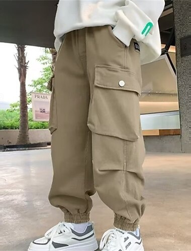  kinderkleidung Jungen Hose Cargohosen Hose Patchwork Tasche Feste Farbe Atmungsaktiv Weich Comfort Hose Outdoor Täglich Basic Schwarz Khaki Mittlere Taille