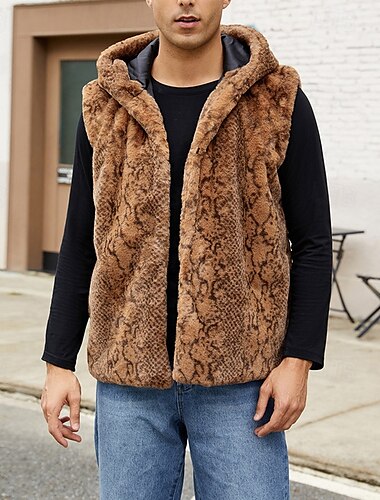  Herr Väst Fuskpäls Gilet Dagligen Datum Semester Mode Ledigt Höst vinter Håller värmen Polyester Bekväm Leopardtryck Cardigan Hög krage Normal Vit Gul Brun Väst
