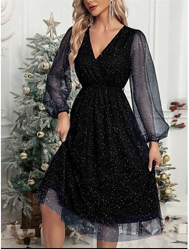  Femmes Robe Midi Robe Décontractée Robe de Cocktail Robe d'invité de mariage Robe en Chiffon Occasionnel Sport & Loisir Rue Coupe régulière Uni manche longue Col en V Noir Vin Vert Automne Hiver