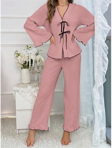  Pyjama-Set für Damen in reinen Farben, lässiger Wohnkomfort, täglicher Komfort, warm, V-Ausschnitt, langärmeliges Hemd, Hose, elastische Taille, Herbst-/Winter-Home-Outfits