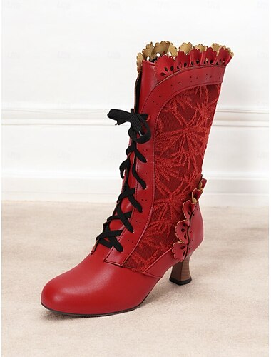  Damenstiefeletten im viktorianischen Stil mit Rüschenbesatz und Blumenmuster – Stiefeletten im Gothic-Vintage-Stil für Cosplay- und Kostümveranstaltungen