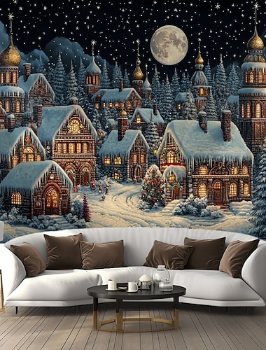  décorations de Noël tapisserie suspendue village de neige art mural grande tapisserie murale décor photo toile de fond couverture rideau maison chambre salon décoration