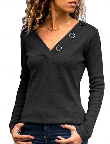  Femme T shirt Plein Mode Moderne Décontractées manche longue Col V Hauts réguliers du quotidien Fin de semaine Boutons Noir Bleu Roi Vert Automne Hiver