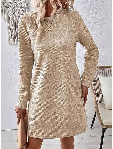  Damen Casual kleid Minikleid Rüschen Brautkleider schlicht Rundhalsausschnitt Langarm Schwarz Aprikose Grau Farbe