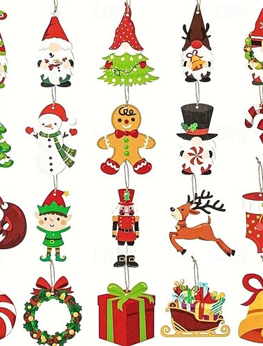  Set di 20 ornamenti natalizi in legno, con motivi di elfi, omini di pan di zenzero e pupazzi di neve, perfetti per decorare alberi, pareti e giardini, ideali come regali per le feste e come etichette