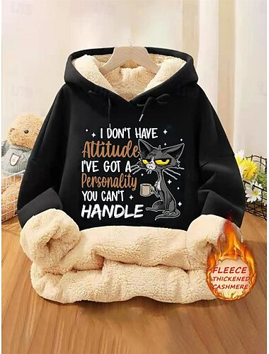 Sudadera con capucha para mujer, sudadera polar con letras de animales, ropa de calle, uso diario, estampado de bolsillo, sudadera informal cómoda, manga larga, microelástica, otoño,