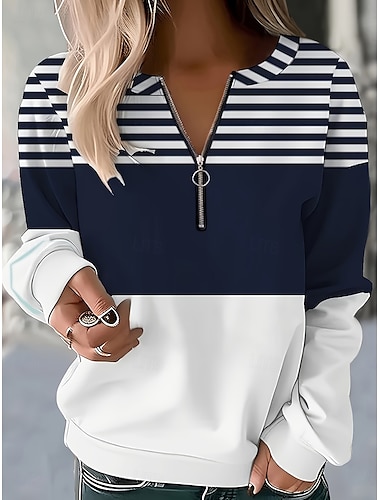  Sudadera de mujer a rayas para uso diario, con cremallera, informal, cuello redondo, manga larga, microelástica, otoño e invierno, cómoda, transpirable, tejido suave