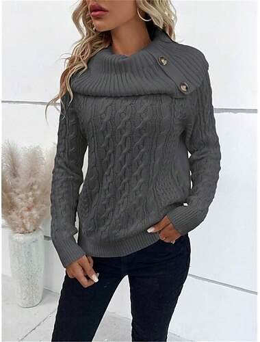  Damen Pullover Brautkleider schlicht Weich Einfarbig Gerippt Rollkragen Knopf Strick Langarm Normale Oberteile Stricken Outdoor Täglich Wochenende Wein Khaki Herbst Winter