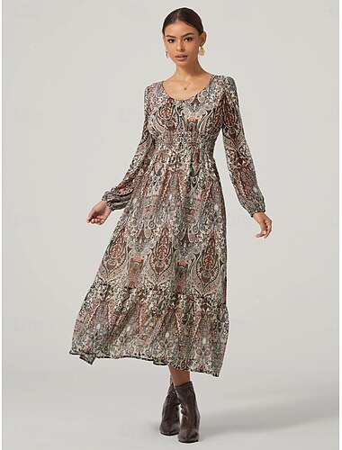  Dámské Midi šaty Vintage šaty Boho Chic šaty Elegantní Čechy Vinobraní Biskup Denní Běžný Grafika Barevné bloky Dlouhý rukáv Do V Colourful Podzim Zima