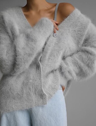  übergroße Strickjacke für Damen, flauschig, V-Ausschnitt, Strick, Herbst, Winter, Arbeit, Wochenende, elegante Mode, Streetwear, langärmelig, einfarbig, rosa, hellgrau