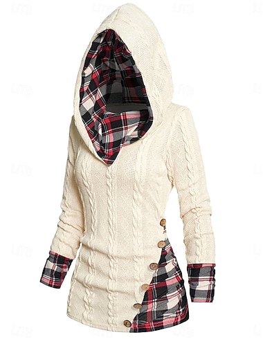  Mujer Pulóveres Suéter de punto Casual Suave Plaid Estriado Con Capucha Retazos De Punto Manga Larga Tops regulares Tejer Exterior Diario Fin de semana Vino Beige Otoño Invierno