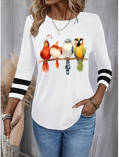  Damen T-Shirt Mode Modern Casual Print Langarm Normal Oberteile Rundhalsausschnitt Alltag Wochenende Schwarz Weiß Blau Grün Herbst Winter