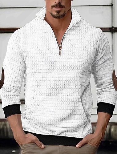  Voor heren Sweatshirt Wafel Sweatshirt Sweatshirt met kwartrits Zwart Wit Marineblauw Khaki Donkergrijs Halve rits Effen Lapwerk Geribd Voorvak Dagelijks Feestdagen Uitgaan niet-afdrukken Polyester